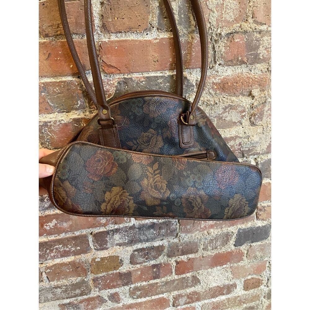 SUN Rose Floral Print Black Faux Leather Brown ‘Gator Trim Shoulder Bag - Picture 6 of 13